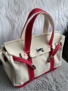 Sunwin Madaket Small Classic Cream Canvas Tote Bag with Red Trim